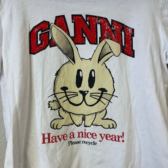 GANNI Have A Nice Year Crew Neck T-Shirt White Size 34 - Picture 4 of 6